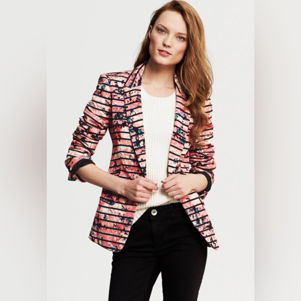 95NEW BANANA REPUBLIC Pink Striped Navy Blue Button Front Floral Blazer Jacket 4
